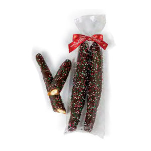 Sweet Jubilee - Holiday Dark Chocolate-Covered Caramel Pretzel Rods with Nonpareils